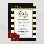 金ゴールド白黒フローラレッドローズベビーシャワー 招待状 (正面/裏面)