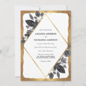 金ゴールド白黒フローラ縁ど結婚ダイヤモンド 招待状 (正面)