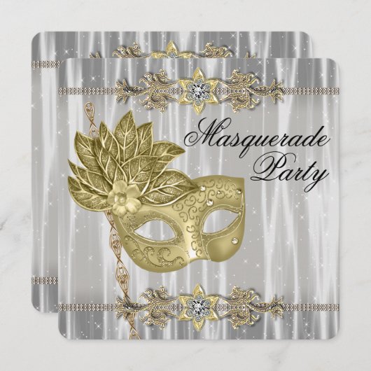 金ゴールド白黒マスカレードパーティー 招待状 (正面/裏面)