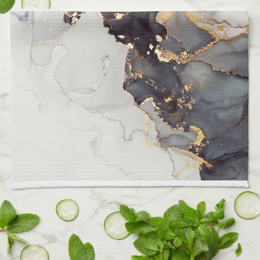 金ゴールド白黒大理石 キッチンタオル (折り畳み)