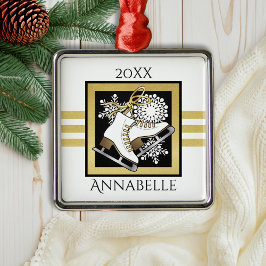金ゴールド白黒姿スケートで滑る/氷スケートで滑る メタルオーナメント