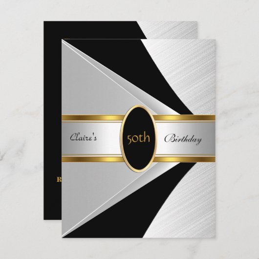 金ゴールド白黒招待状50th誕生日パーティー 招待状 (正面/裏面)