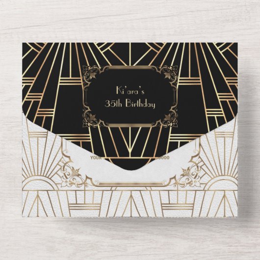 金ゴールド白黒素晴らしギャツビーアールデコ誕生日 オールインワン招待状 (裏面)