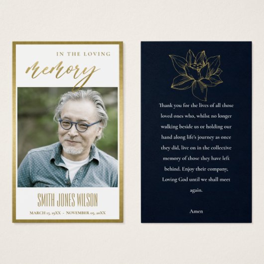 金ゴールド睡蓮フローラ記念写真祈りの言葉カード (正面&裏面)