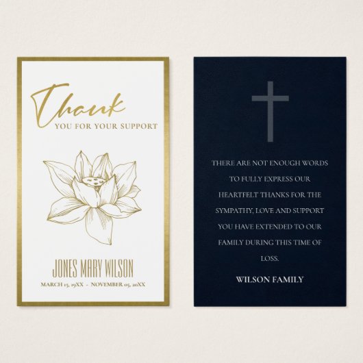 金ゴールド睡蓮悔やみや弔慰記念サンキューカード (正面&裏面)