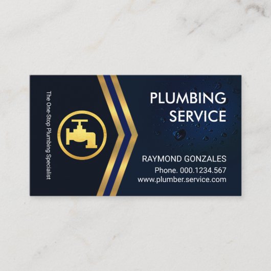 金ゴールド矢印ブルー水滴配管 名刺 (正面)