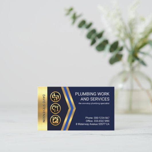 金ゴールド矢印金ゴールド給排水衛生設備配管アイコン 名刺 (スタンド正面)