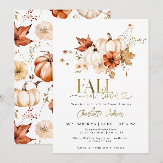 金ゴールド秋インラブリストクリームパンプキンブライダルシャワー 招待状 (正面/裏面)
