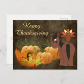 金ゴールド秋キュートブラウンホースと七面鳥の感謝祭 シーズンポストカード (正面/裏面)