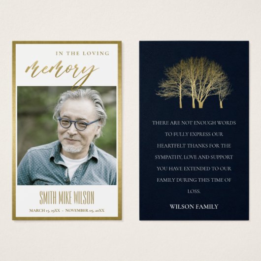 金ゴールド秋ツリー悔やみや弔慰メモリアルフォトカ感謝していード (正面&裏面)