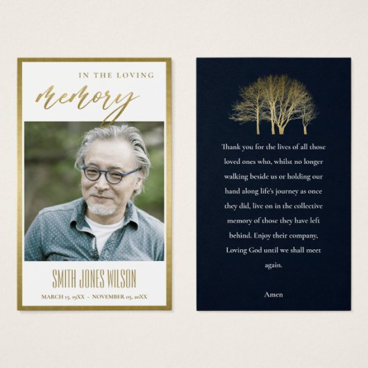 金ゴールド秋ツリー悔やみや弔慰メモリアルフォト祈りの言葉カード (正面&裏面)