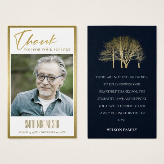 金ゴールド秋ツリー悔やみや弔慰記念写感謝してい真カード (正面&裏面)