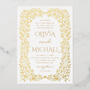 金ゴールド秋結婚植物薬。秋エレガントフローラ 箔招待状