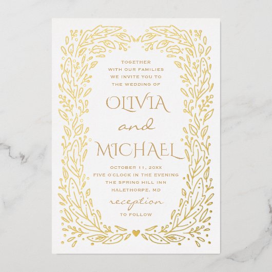 金ゴールド秋結婚植物薬。秋エレガントフローラ 箔招待状 (正面)
