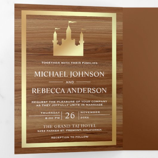 金ゴールド童話の城のプリンセスの結婚馬車 三つ折り招待状 (内部最初)