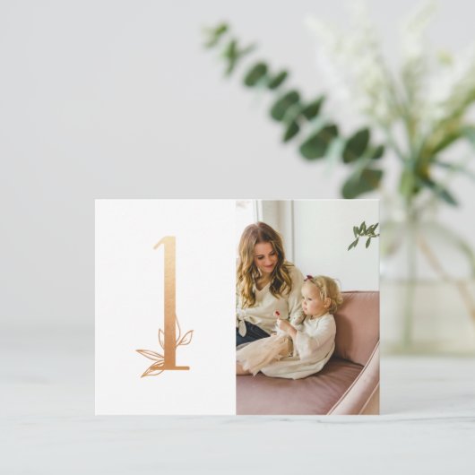 金ゴールド第1誕生日写真ありがとうはがき ポストカード (スタンド正面)