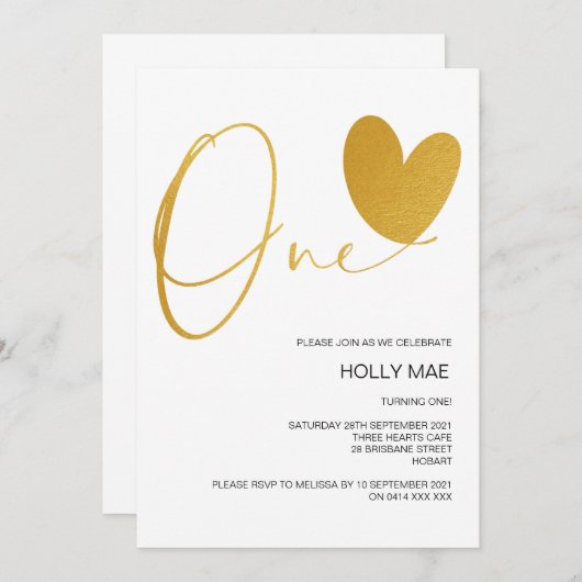 金ゴールド第1誕生日招待状ワン誕生日ハート 招待状 (正面/裏面)
