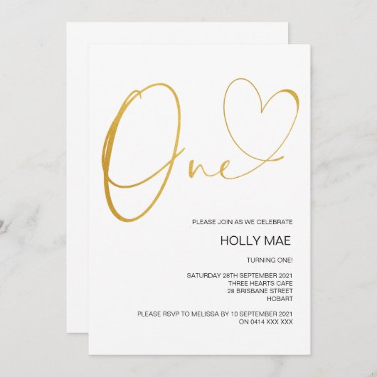 金ゴールド第1誕生日招待状第1誕生日ハート 招待状 (正面/裏面)