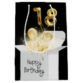 金ゴールド第18誕生日バルーンの白いボックス ミディアムペーパーバッグ (正面)