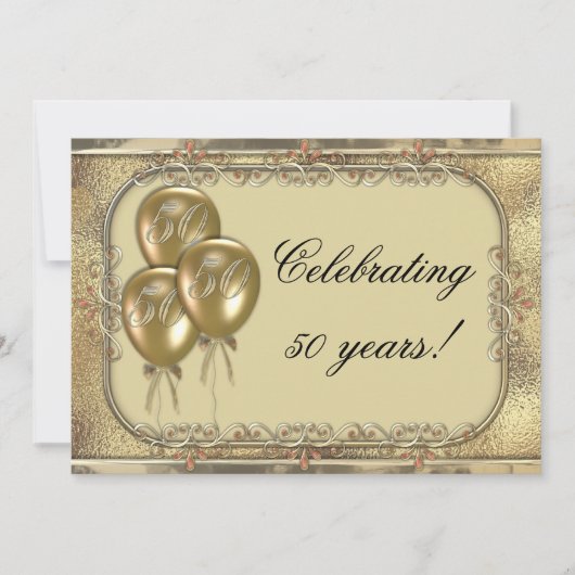 金ゴールド第50記念日の気球のパーティの招待状 招待状 (正面)