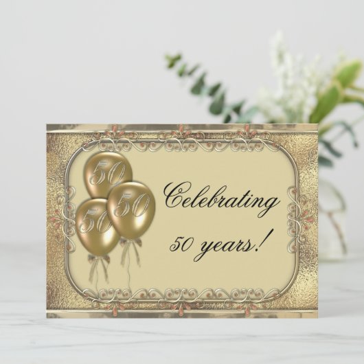 金ゴールド第50記念日の気球のパーティの招待状 招待状 (スタンド正面)
