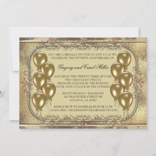 金ゴールド第50記念日の気球のパーティの招待状 招待状 (裏面)