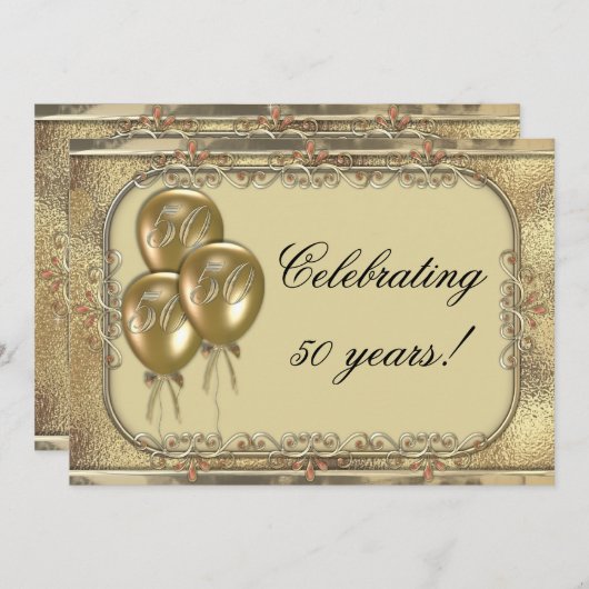 金ゴールド第50記念日の気球のパーティの招待状 招待状 (正面/裏面)