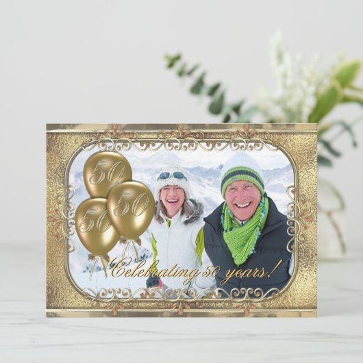 金ゴールド第50記念日の気球の写真の招待状 招待状 (スタンド正面)