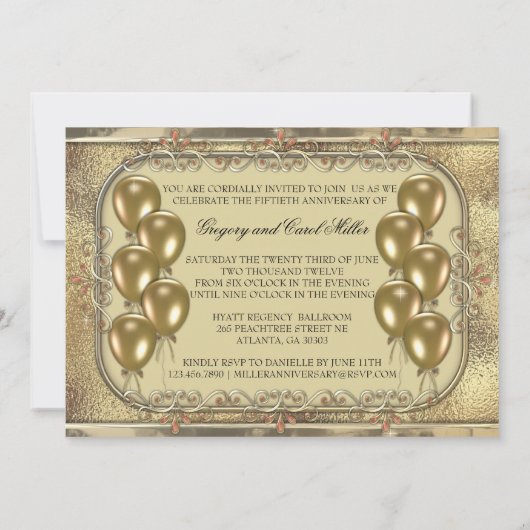 金ゴールド第50記念日の気球の写真の招待状 招待状 (裏面)