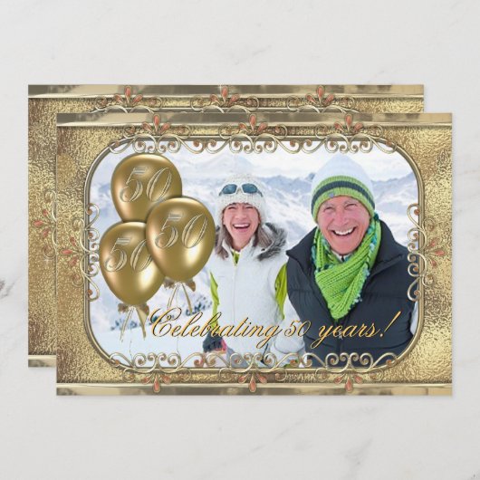 金ゴールド第50記念日の気球の写真の招待状 招待状 (正面/裏面)