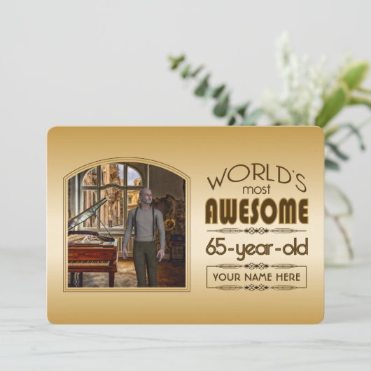 金ゴールド第65誕生日の世界最高ののカスタム写真枠 招待状 (スタンド正面)