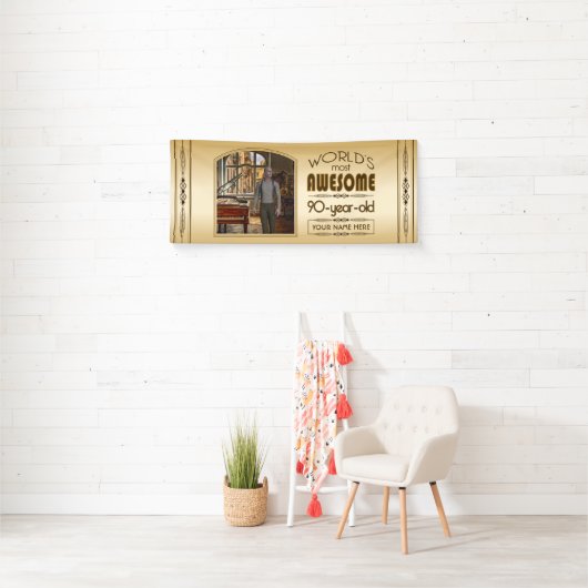 金ゴールド第90誕生日世界最高ののカスタム写真枠 横断幕 (インサイチュ)