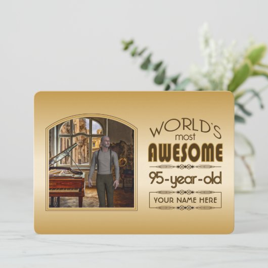 金ゴールド第95誕生日の世界最高ののカスタム写真枠 招待状 (スタンド正面)