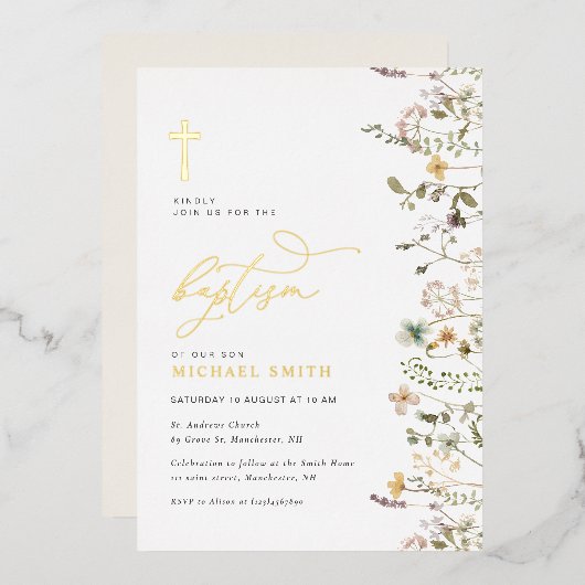 金ゴールド箔山花洗礼 箔招待状 (正面/裏面)