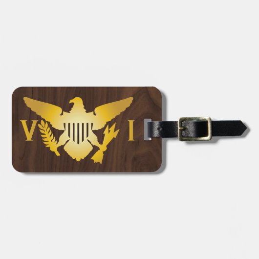 金ゴールド米国ヴァージン諸島国旗フェイク、ダークウッド ラゲッジタグ (正面横)