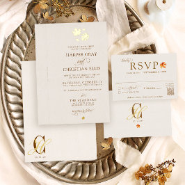 金ゴールド紅葉エレガント秋DIYリボン結婚ズ 箔招待状