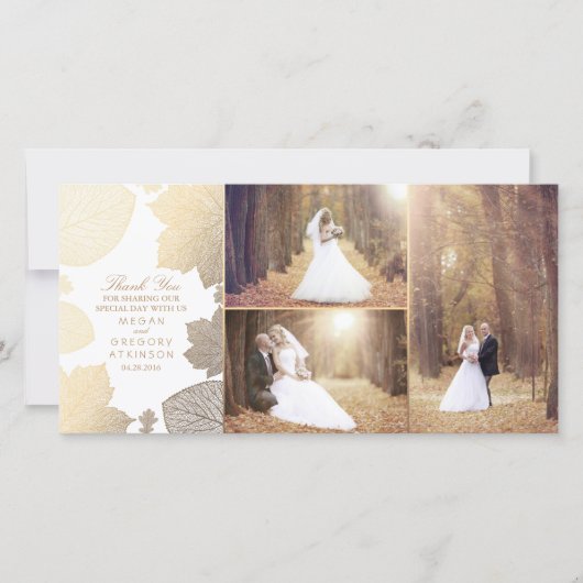 金ゴールド紅葉ス結婚ホワイトの写真ありがとう サンキューカード (正面)