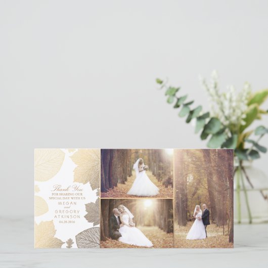 金ゴールド紅葉ス結婚ホワイトの写真ありがとう サンキューカード (スタンド正面)