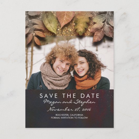金ゴールド紅葉写真Save the Date 案内ポストカード (正面)