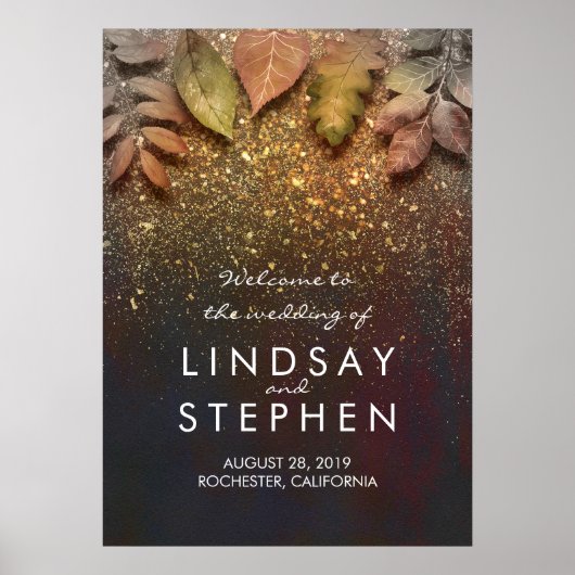 金ゴールド紅葉結婚グリッターのウェルカムサイン ポスター (正面)