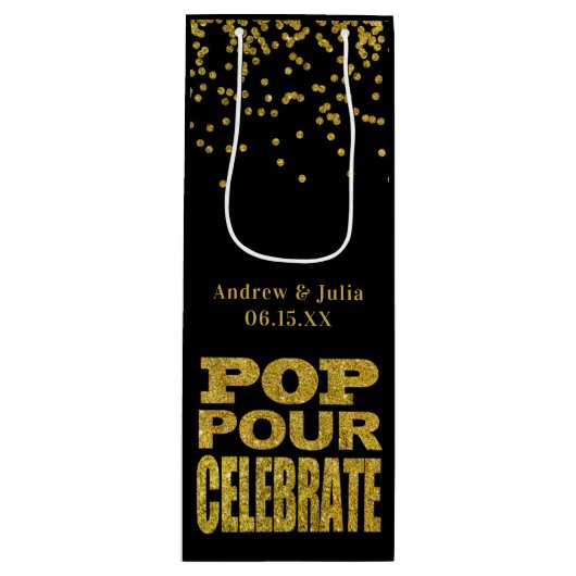 金ゴールド紙吹雪お祝い | カスタムカラー ワインギフトバッグ (正面)