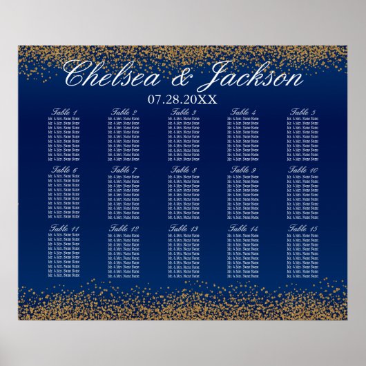 金ゴールド紙吹雪とネイビーブルー – 15座席表 ポスター (正面)