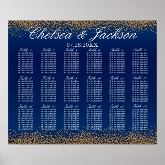 金ゴールド紙吹雪とネイビーブルー–18シーティングチャート ポスター (正面)