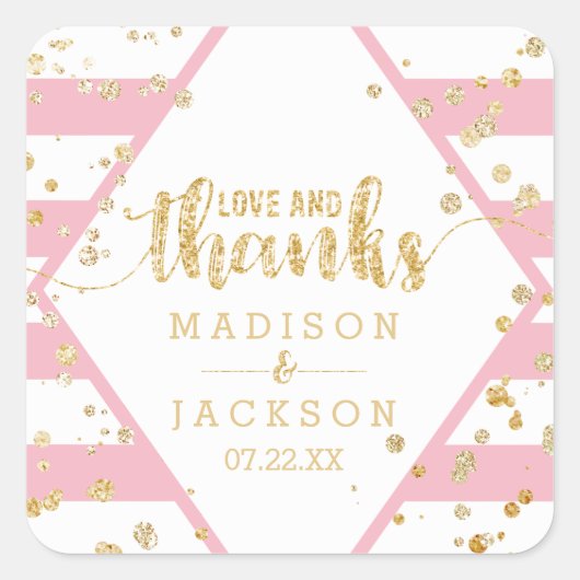 金ゴールド紙吹雪とピストライプッ結婚クの感謝してい好意 スクエアシール (正面)