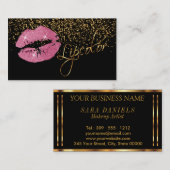 金ゴールド紙吹雪とピンクかわいらしリップ付きリップカラー 名刺 (正面/裏面)