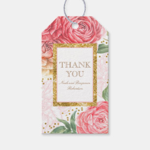 金ゴールド紙吹雪とピンクの水色の花シック ギフトタグ