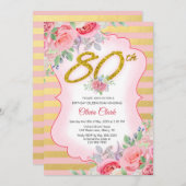 金ゴールド紙吹雪とピンクフローラ80誕生日 招待状 (正面/裏面)