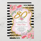 金ゴールド紙吹雪とピンクフローラ90誕生日 招待状 (正面/裏面)