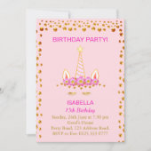 金ゴールド紙吹雪とユニコーンon Pink 15誕生日 招待状 (正面)