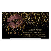 金ゴールド紙吹雪と暗いバラの唇を持つメイクアップアーティスト マグネット名刺 (正面)